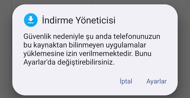 İndirme Yöneticisi uyarısı: bu kaynaktan yükleme izni yok. İptal ve Ayarlar düğmeleri.